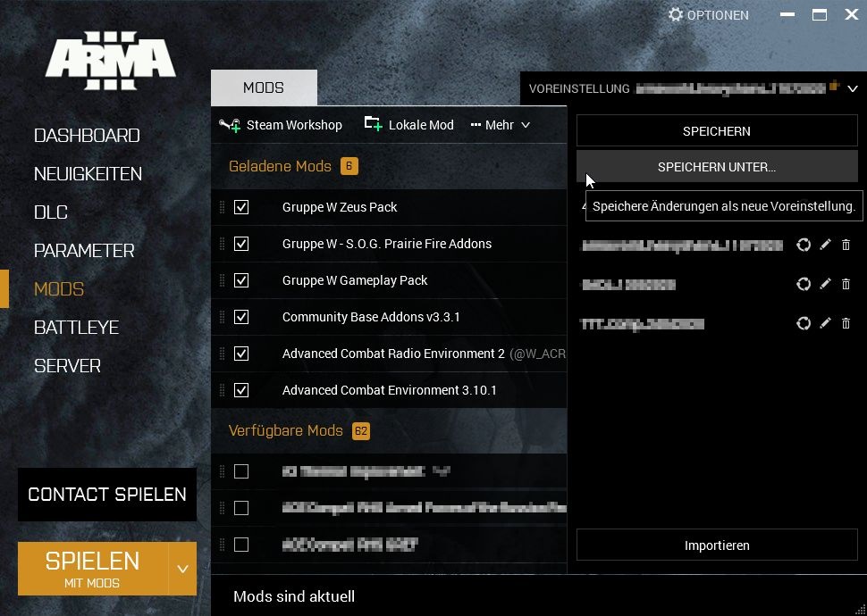 Speichern der Mod-Voreinstellung