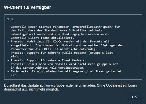 Bild von einer Beispiel-Updatemeldung im W-Client